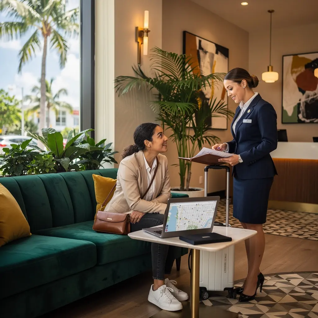 Rodzina w trakcie przygotowań do podróży, przeglądająca informacje o trasach.